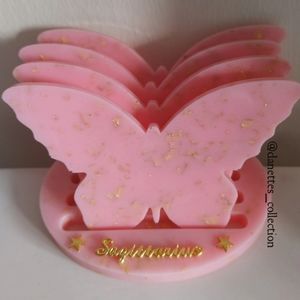 Pink and gold butterfly coaster set. Handmade